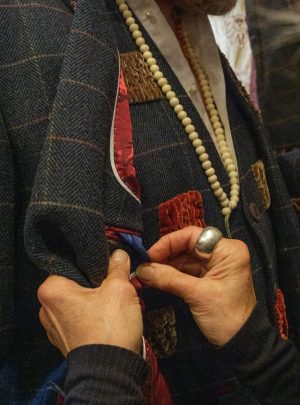 Kathrens Rare Knitwear one-off blue tweed jacket & waistcoat for James Coplestone of Robert James Workshop - finishing touches